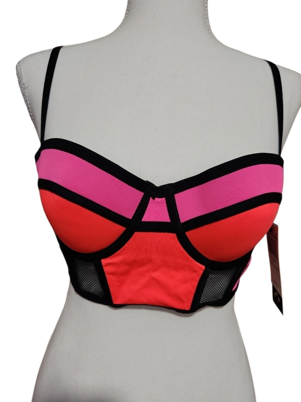 Colorblock Longline Bra Top in Pink & Red with Black Trim